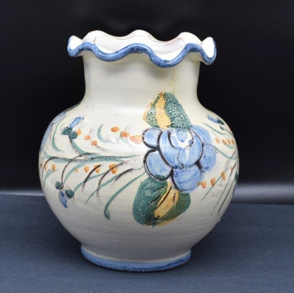 Hand Painted Stoneware Vase, Blue Flowers, 5"
